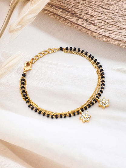 Dhiyona RJ Women's 18K Gold-Plated Zirconia Drops with Black & Gold Beaded Mangalsutra Bracelet