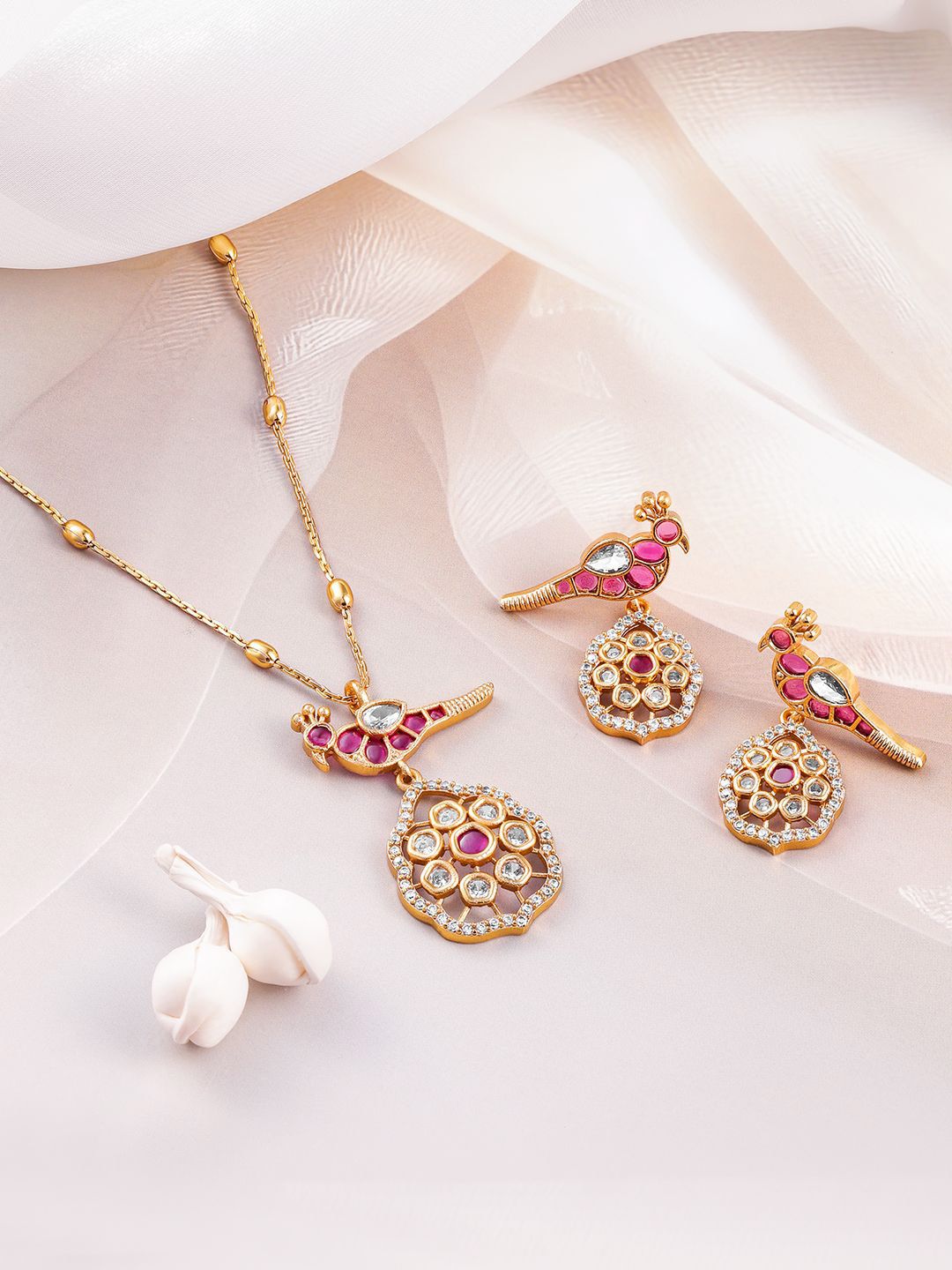 Dhiyona RJ Women's 22 K Gold-Plated Ruby & Kundan with Zicronia Studded Peacock Design Necklace Set