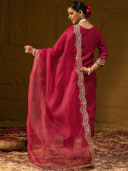 Dhiyona IE Ethnic Motifs Embroidered Thread Work Liva Straight Kurta With Trousers & Dupatta