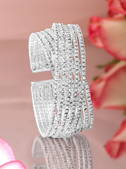 Dhiyona RJ Women's Rhodium-Plated Cubic Zirconia Stone Studded Cuff Openable Bracelet