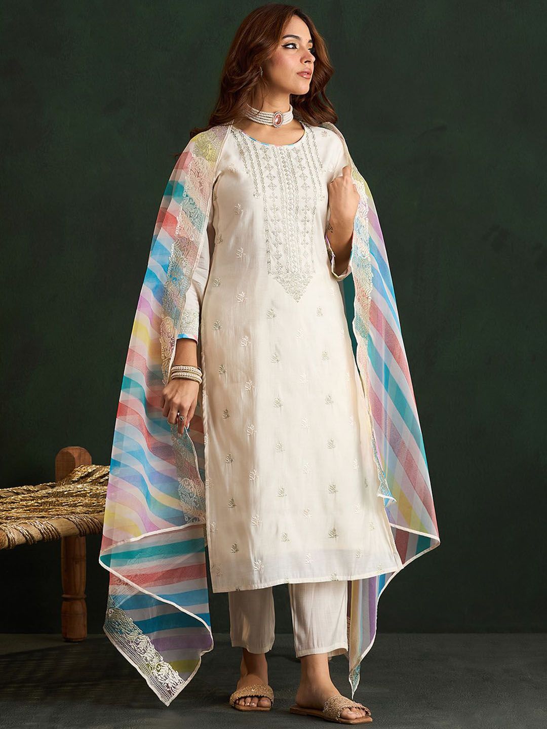 Cream Coloured Floral Embroidered Pure Cotton Kurta with Trousers & Dupatta