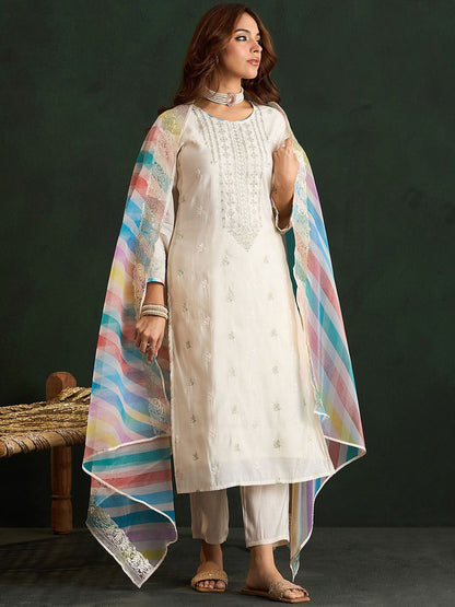 Cream Coloured Floral Embroidered Pure Cotton Kurta with Trousers & Dupatta