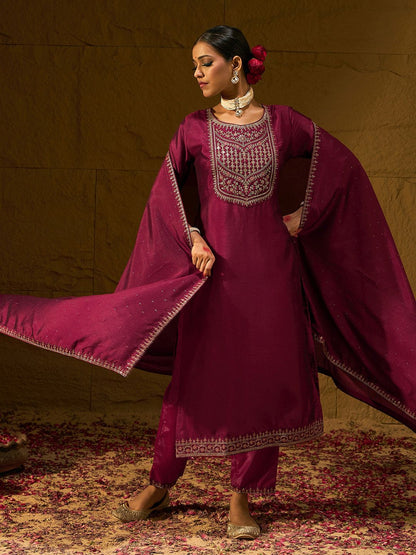 Dhiyona IE Ethnic Motifs Embroidered Sequinned Straight Kurta with Trousers & With Dupatta