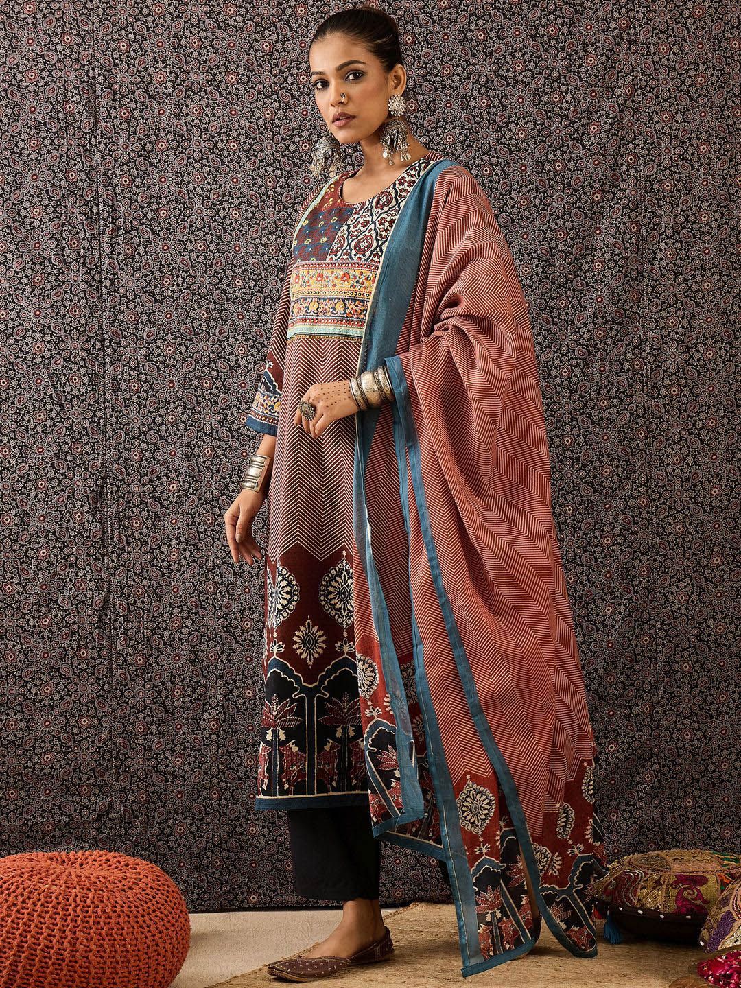 Dhiyona IE Women Ethnic Motifs Printed Regular Sequinned Pure Cotton Kurta with Trousers & With Dupatta