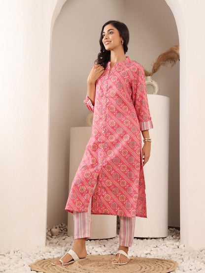 Dhiyona VA Women'sBandhani Printed Mandarin Collar Straight Kurta With Trouser