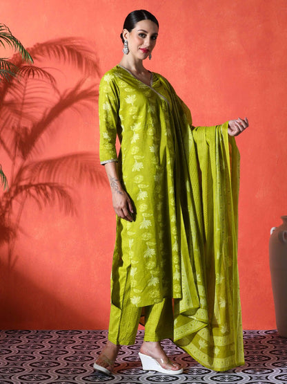 Dhiyona SN Women's Floral Printed Angrakha V-Neck Pure Cotton Straight Kurta & Trousers With Dupatta