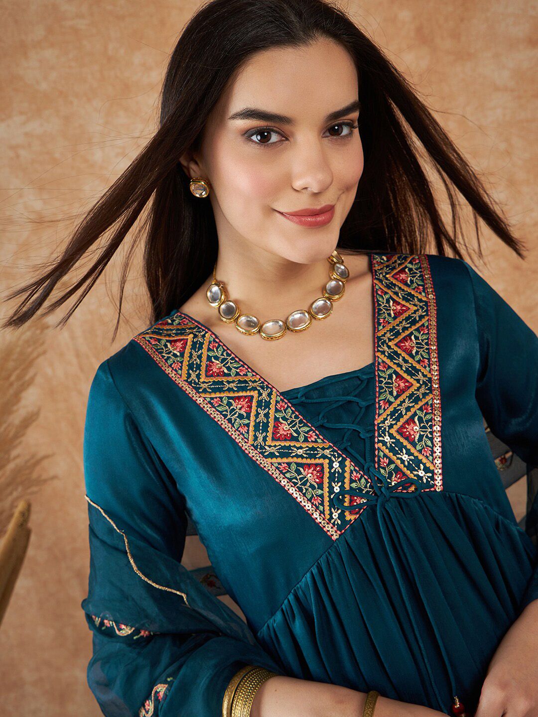 Dhiyona SN Women's Embroidered Empire Velvet Kurta With Trousers & Dupatta