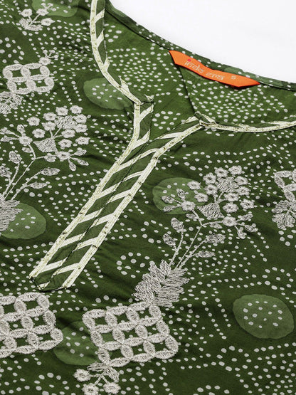 Women Green Bandhani Printed Thread Work Kurta with Sharara & With Dupatta
