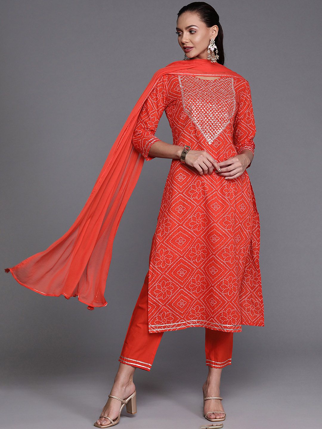 Bandhani Printed Sequined Kurta with Palazzos & Dupatta