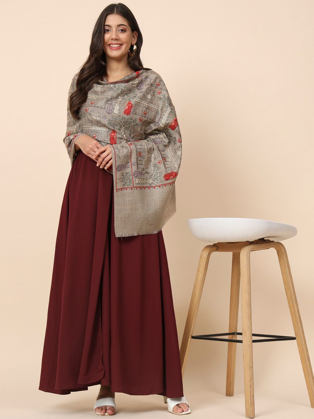 Dhiyona PA Ethnic Motifs Embroidered Woolen Shawl