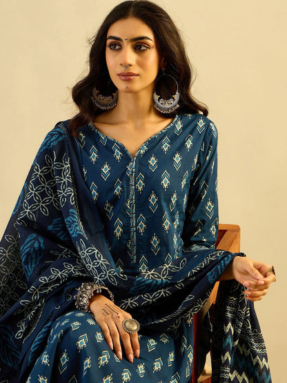 Dhiyona IE Teal blue Ethnic Motifs Printed Pure Cotton Kurta with Trouser & Dupatta