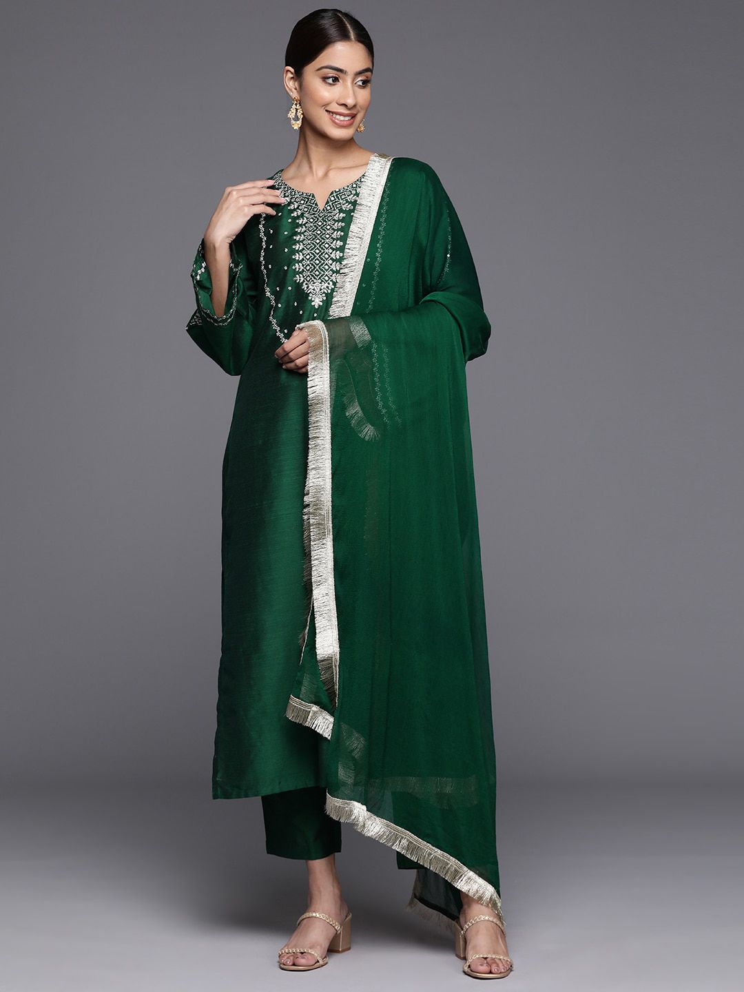 Dhiyona VA Women'sEthnic Motifs Printed Regular Sequinned Kurta with Trousers & With Dupatta