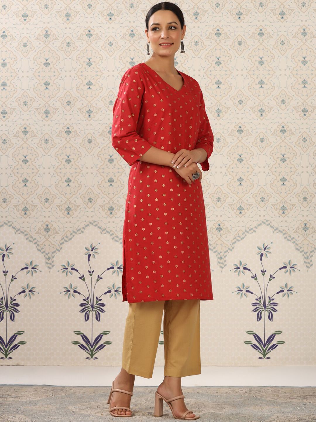 Dhiyona OD  Red & Beige Printed V Neck Pure Cotton Kurta With Palazzos
