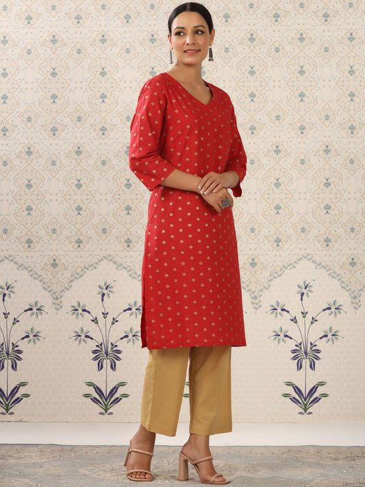 Dhiyona OD  Red & Beige Printed V Neck Pure Cotton Kurta With Palazzos