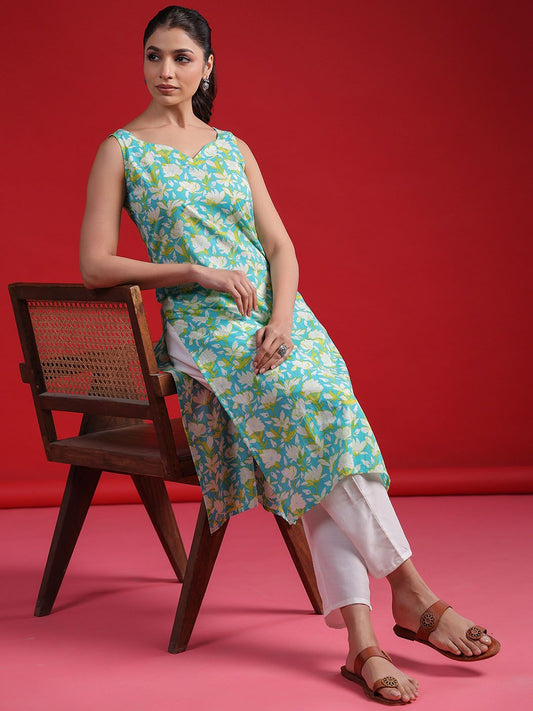 Dhiyona IE Floral Printed Sweetheart Neck Sleeveless Pure Cotton Straight Kurta