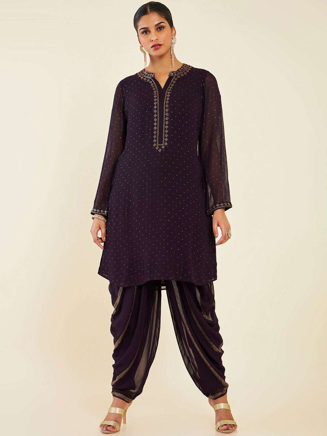 Dhiyona SO Women's Self Design Beads and Stones Kurta With Dhoti Pants & With Dupatta