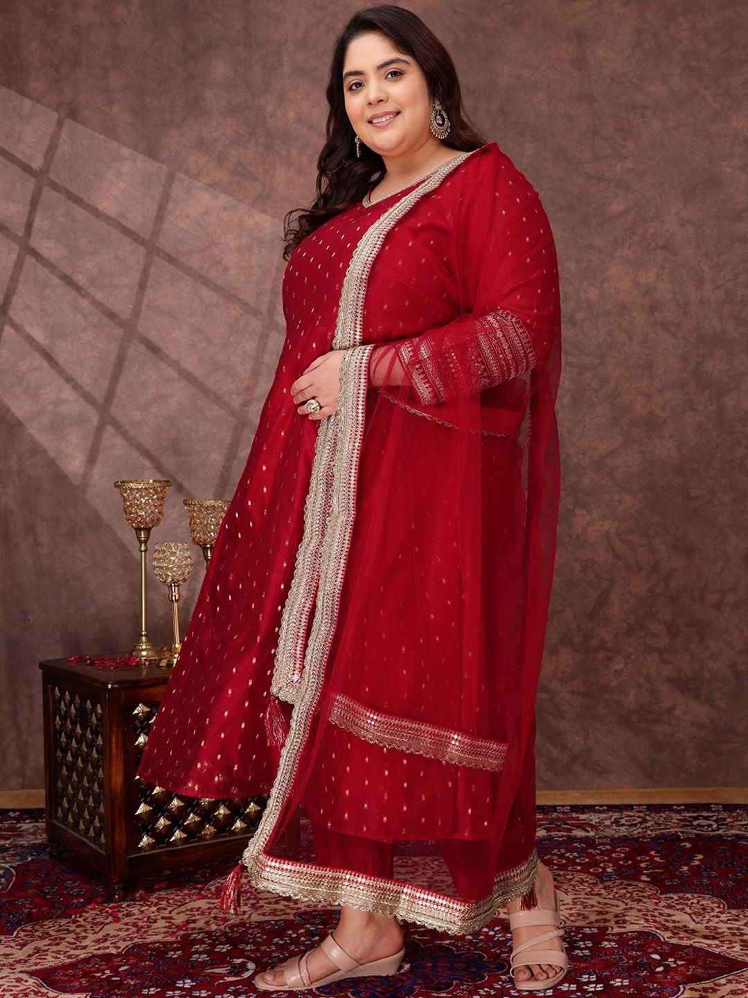 Dhiyona IN Woven Design V Neck A Line Chanderi Silk Kurta With Trousers & Dupatta