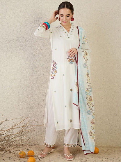 Women Floral Embroidered Pure Cotton Kurta with Trousers & Dupatta