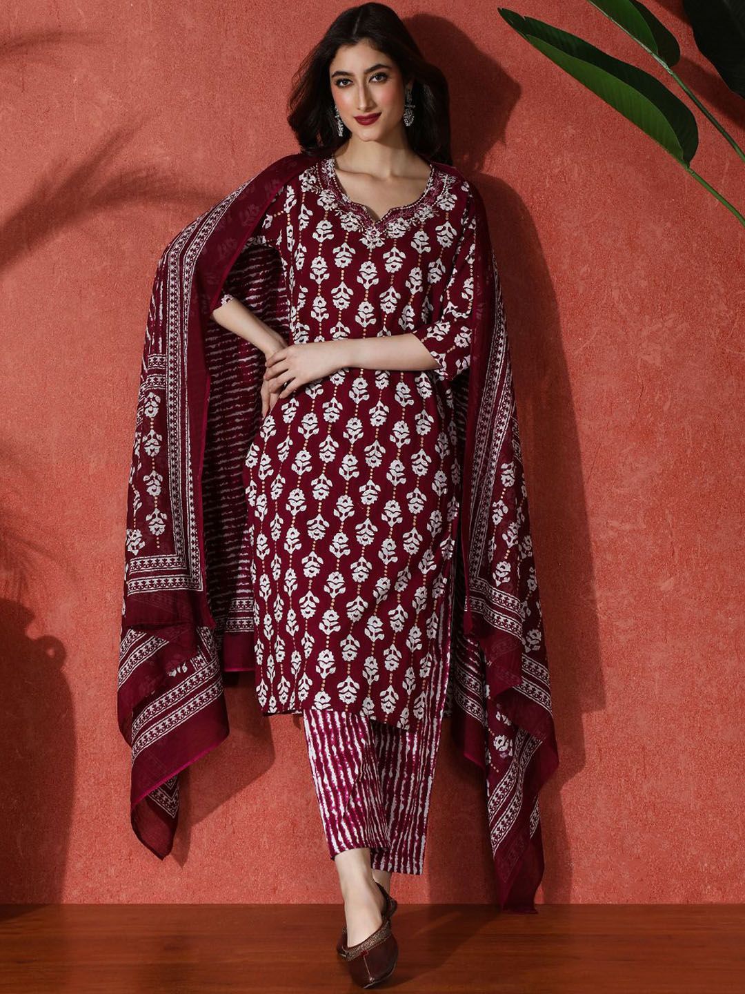 Dhiyona SN Women's Embroidered Pure Cotton Kurta & Trouser With Dupatta