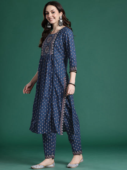 Dhiyona IE Ethnic Motifs Printed Panelled Beads & Stones Pure Cotton Kurta with Trousers