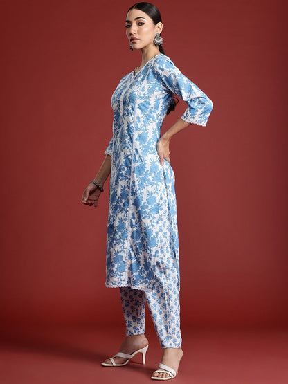 Dhiyona IE Floral Printed Panelled Beads & Stones Pure Cotton Kurta With Trousers & Dupatta