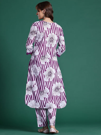 Floral Printed Regular Sequinned Pure Cotton Kurta with Trousers