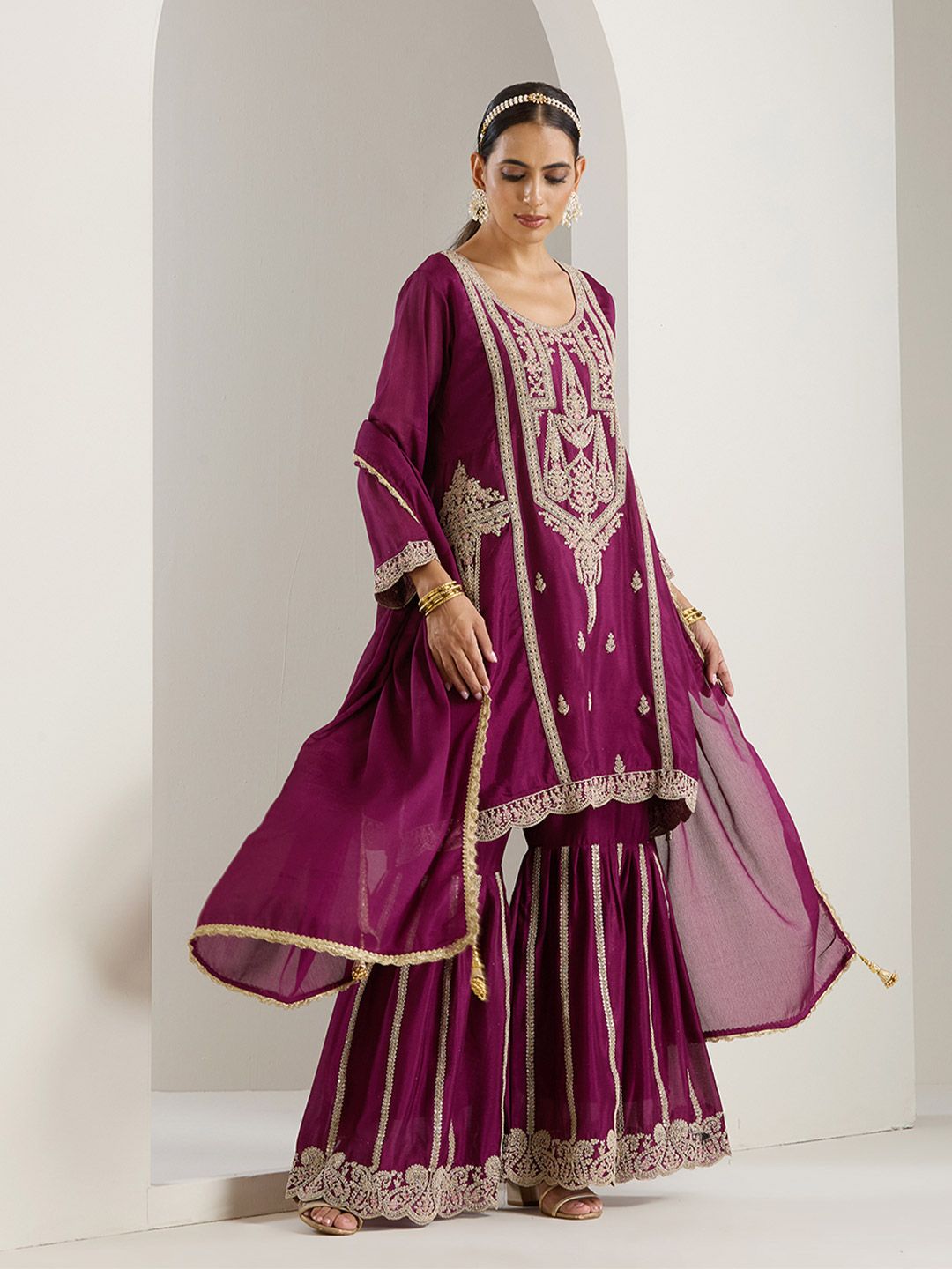 Dhiyona IS Women's Ethnic Motifs Embroidered Regular Thread Work Straight Kurta with Sharara & Dupatta
