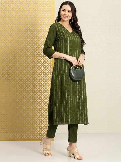 Dhiyona PD Women Women Striped Sequinned Pure Cotton Kurta with Trousers Set
