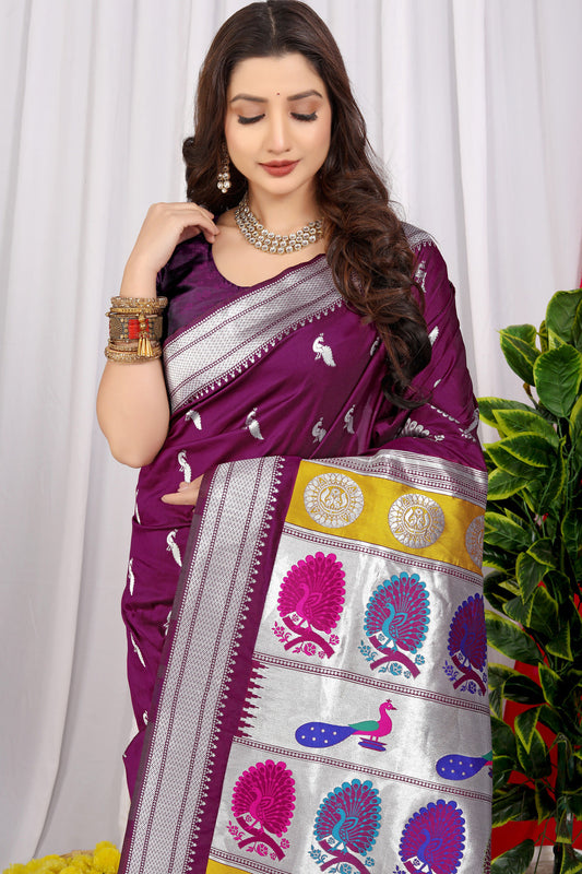 Dhiyona GR Women's Chandramukhi Wine Zari Paithani Silk Saree