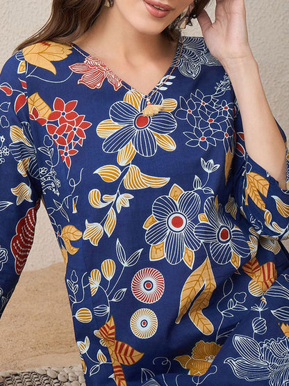 Dhiyona IE Printed V-Neck Pure Cotton A-Line Tunic With Trouser