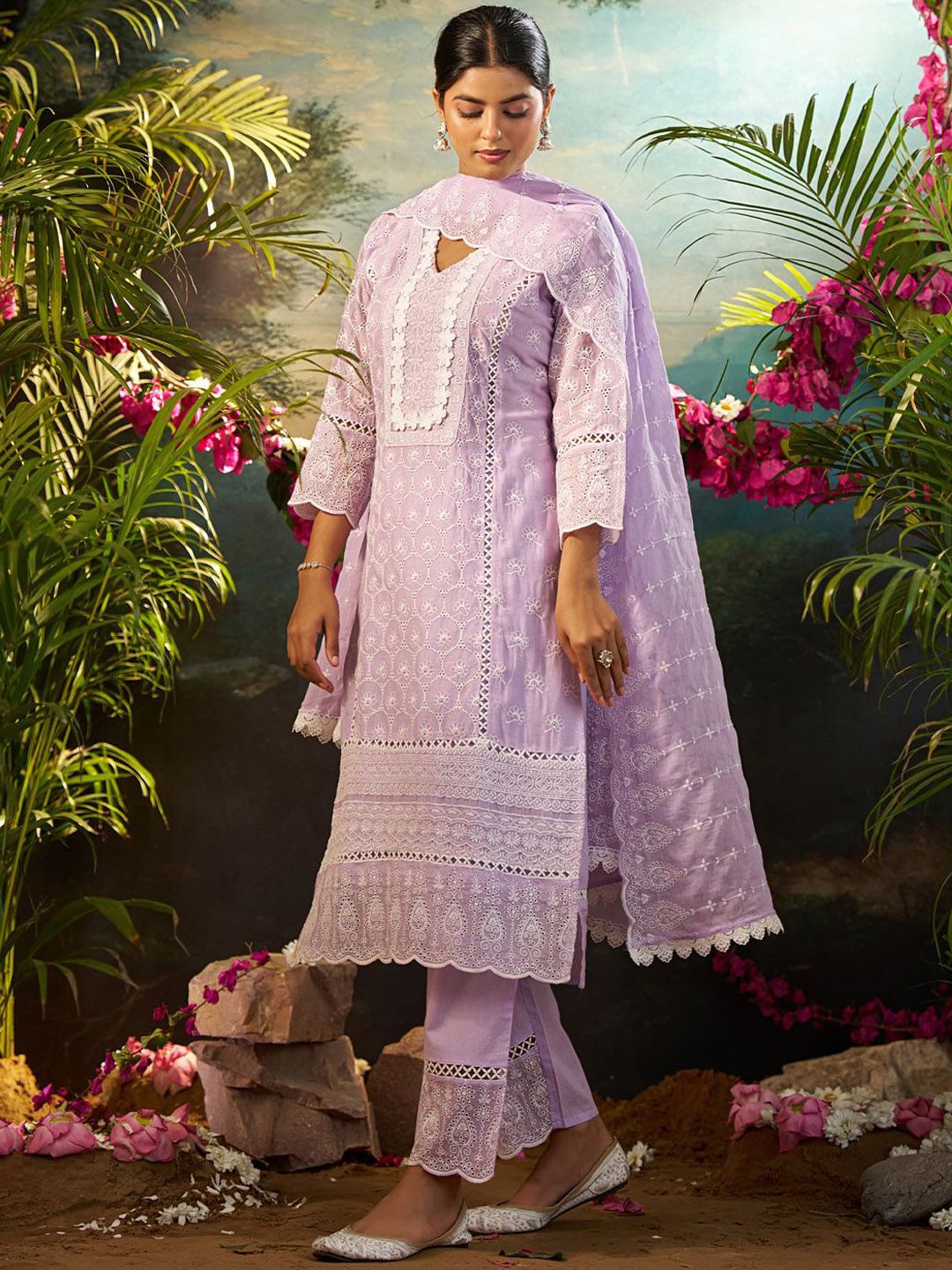 Women Ethnic Motifs Embroidered Cotton Kurta with Trousers & Dupatta