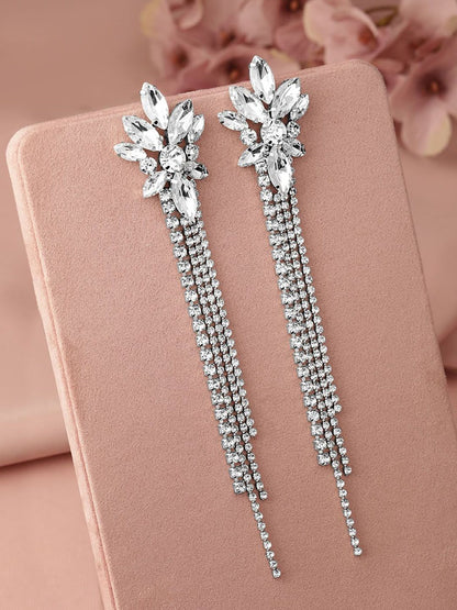 Dhiyona RJ Women's Rhodium Plated Crystal AD & Zirconia Studded MultiLayer Shoulder Drop Earrings