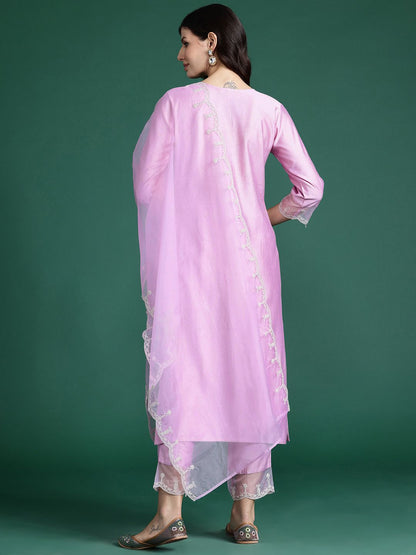 Ethnic Motifs Embroidered Thread Work Liva Kurta with Trousers & With Dupatta