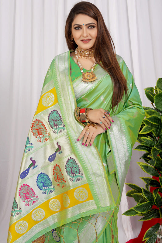 Dhiyona GR Women's Chandramukhi Pista Green Zari Paithani Silk Saree