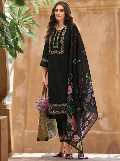 Women Floral Regular Thread Work Linen Kurta with Trousers & With Dupatta