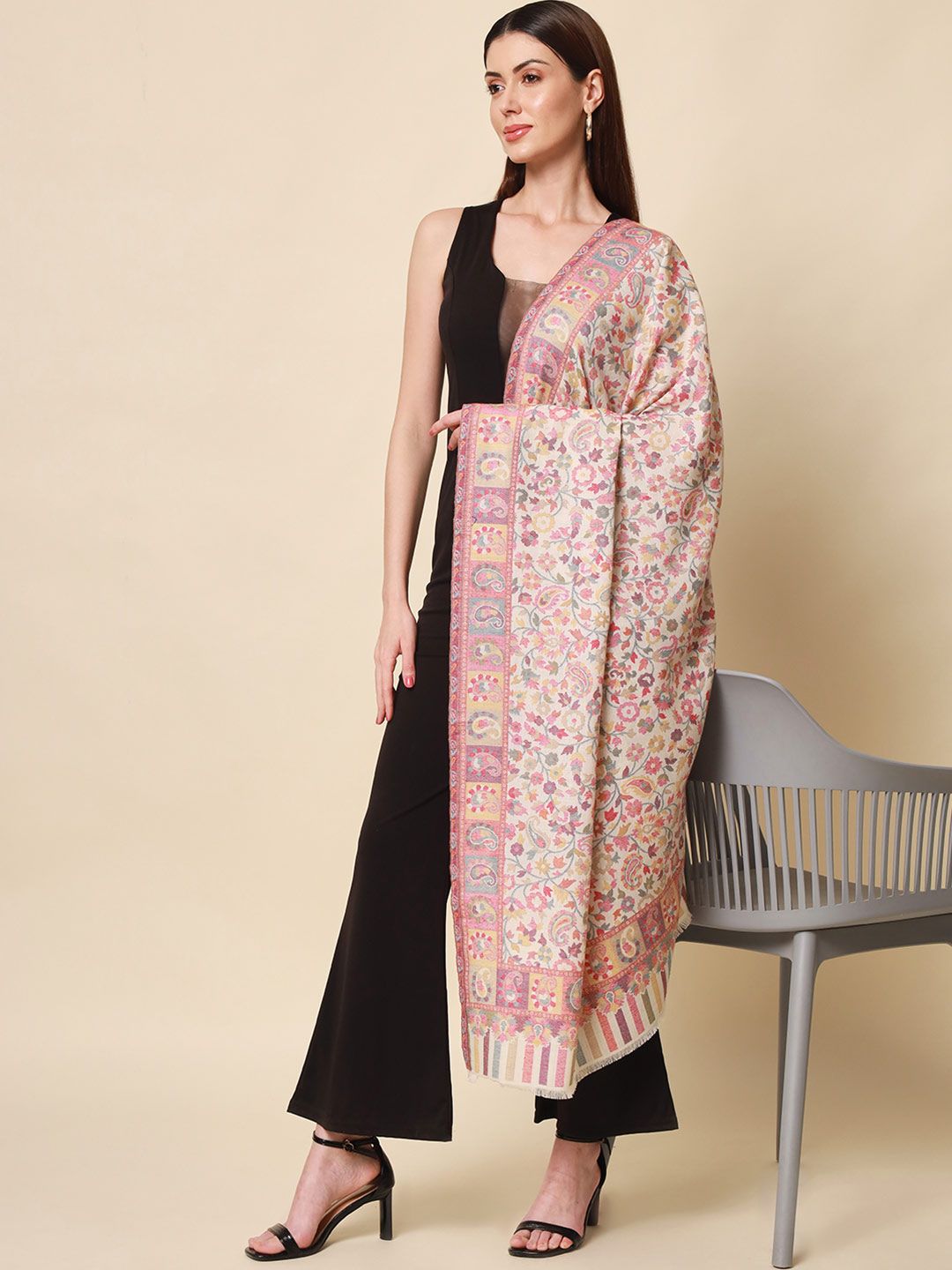 Dhiyona PA Women White & Pink Woven-Design Shawl