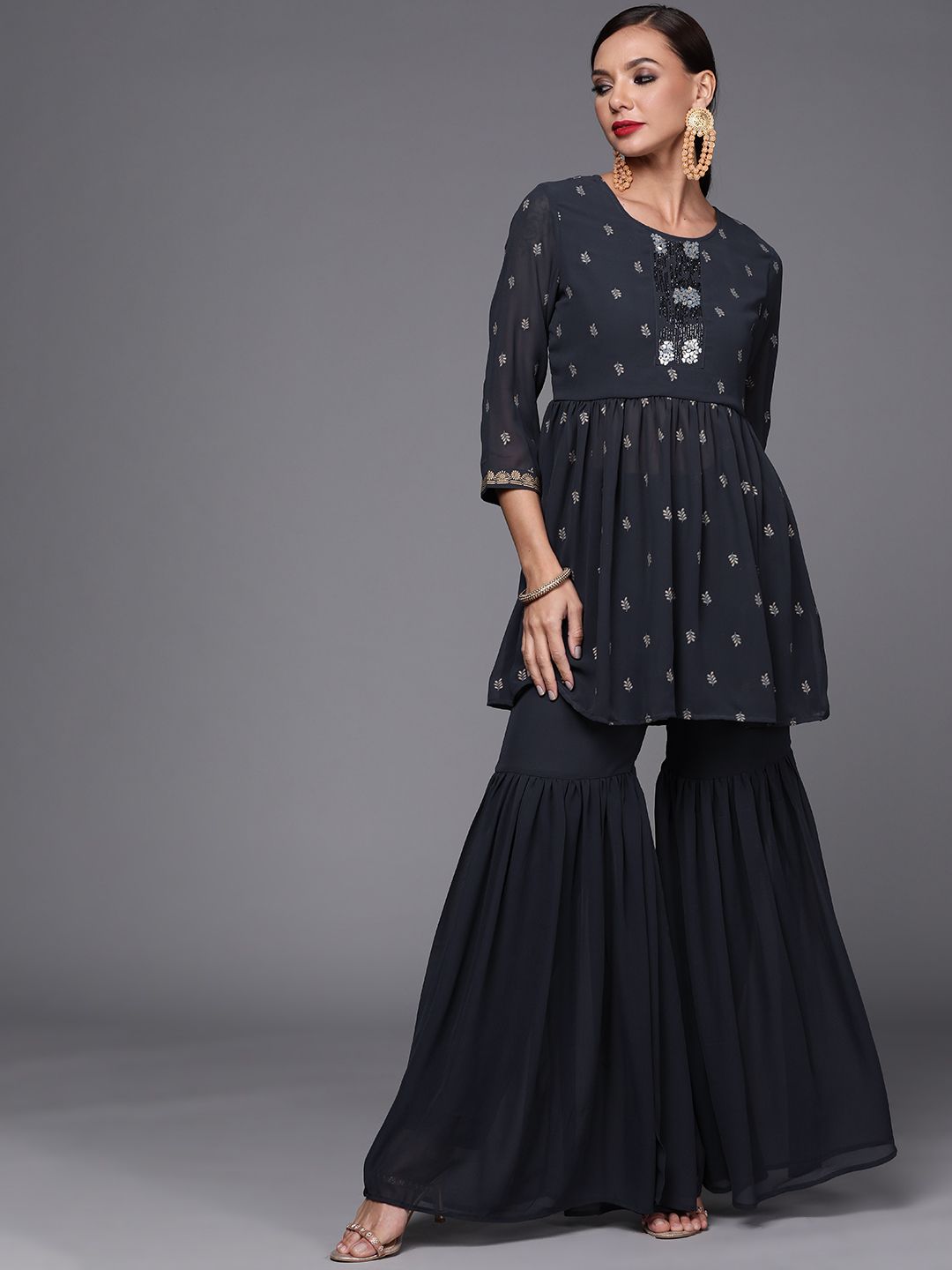 Women Navy Blue Printed Pleated Beads and Stones Kurta with Sharara