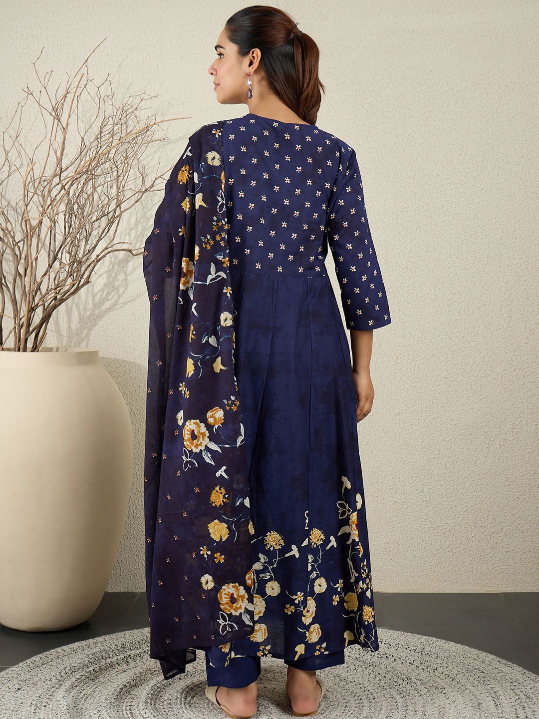 Women Floral Printed Anarkali Pure Cotton Kurta with Trousers & With Dupatta