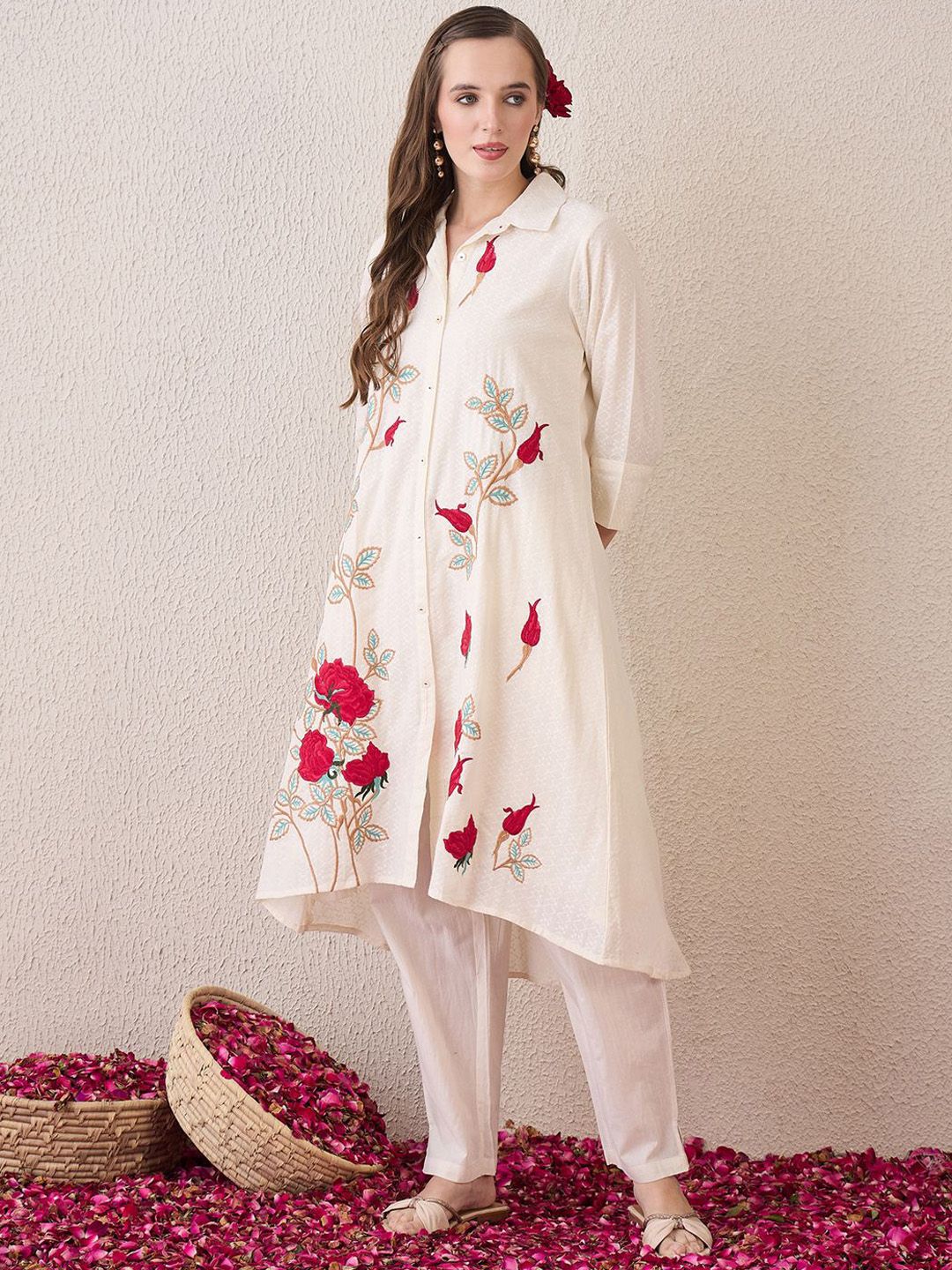 Floral Embroidered Shirt Collar Thread Work Pure Cotton A-Line Kurta With Trouser