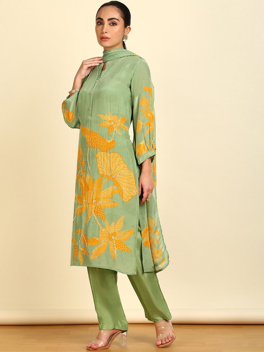Dhiyona SO Women's Floral Printed Straight Sequinned Kurta With Palazzos & Dupatta
