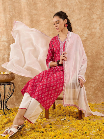 Ethnic Motifs Printed Straight Kurta with Palazzos & Dupatta