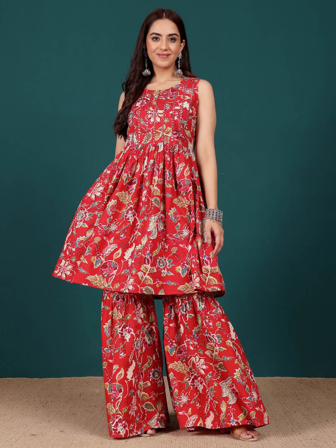 Dhiyona VA Women's Floral Embroidered Regular Thread Work Pure Cotton Kurti with Sharara