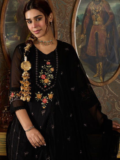 Floral Embroidered Sequinned Panelled Organza Kurta With Trousers & Dupatta