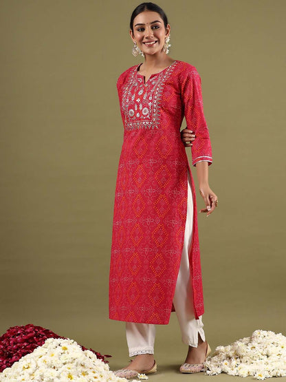 Dhiyona IE Women Floral Printed Notched Neck Thread Work Straight Cotton Kurta