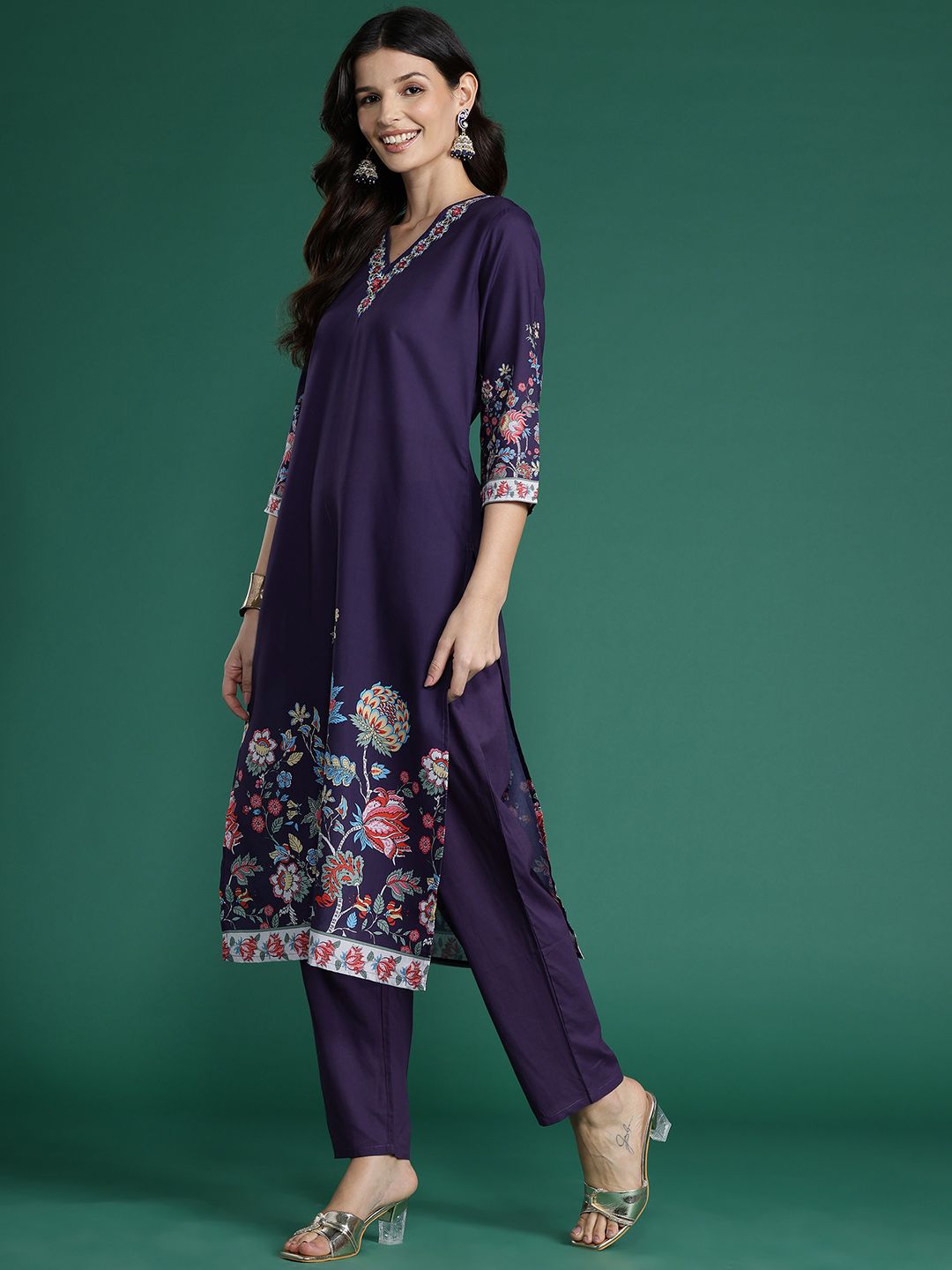 Floral Printed Thread Work Kurta With Trousers & Dupatta