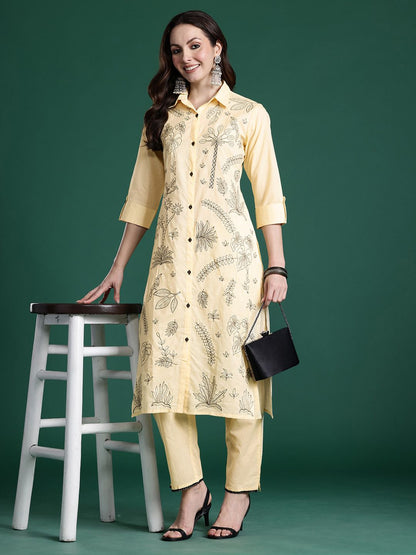 Ethnic Motifs Embroidered Thread Work Pure Cotton Kurta with Trousers