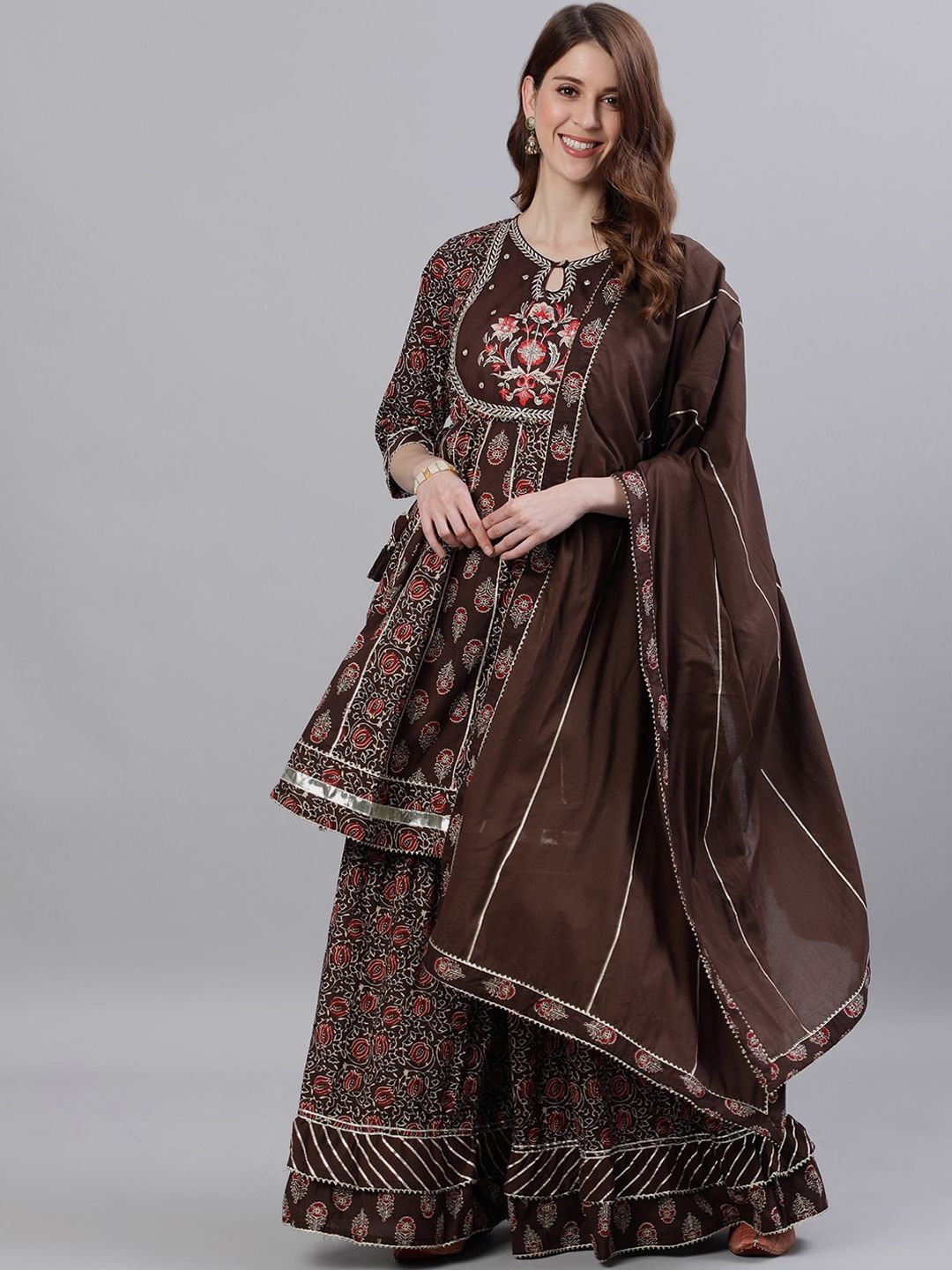 Dhiyona IS Women's Women Brown Embroidered Kurti with Sharara & Dupatta