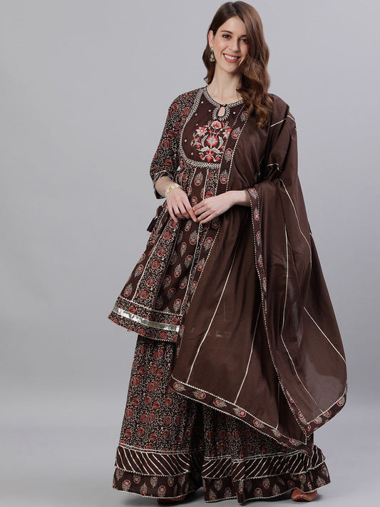 Dhiyona IS Women's Women Brown Embroidered Kurti with Sharara & Dupatta