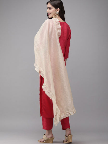 Dhiyona IE Women Round Neck Embroidered Kurta & Trousers With Dupatta