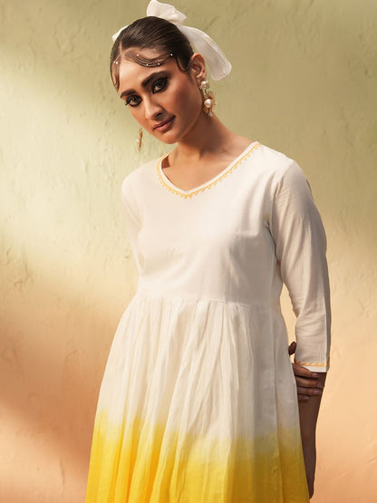 Dhiyona IS Women's Yellow Ombre Dyed Angrakha Pure Cotton Anarkali Kurta With Trousers